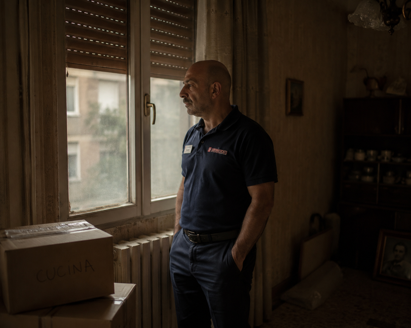 Giovane operaio nella casa comprata da poco, davanti a una finestra.